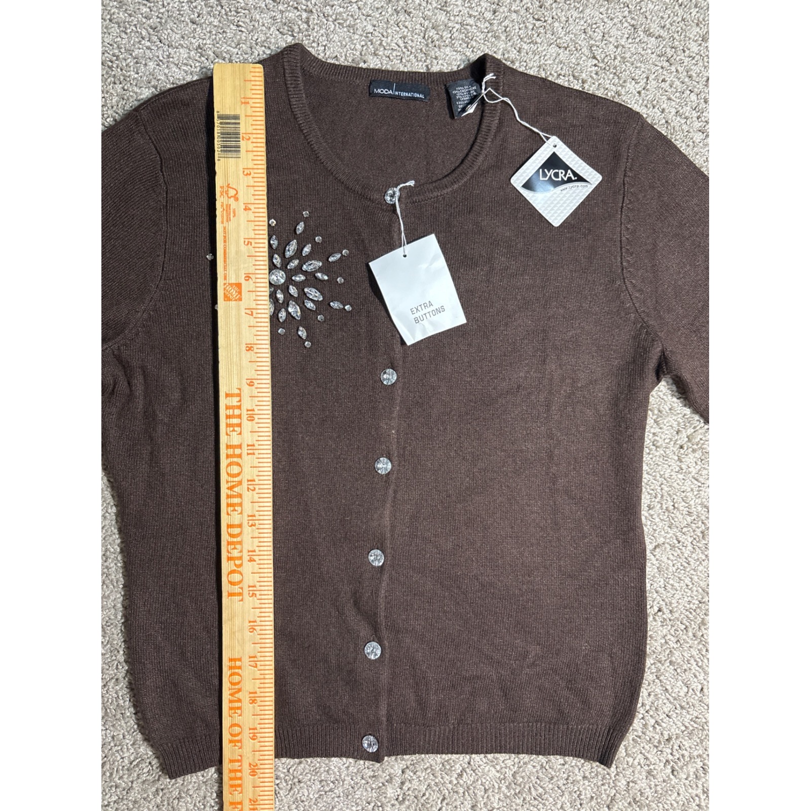 Moda International Silk Cashmere Blend Brown Rhinestone Cardigan Sweater Small — image 5 of 7